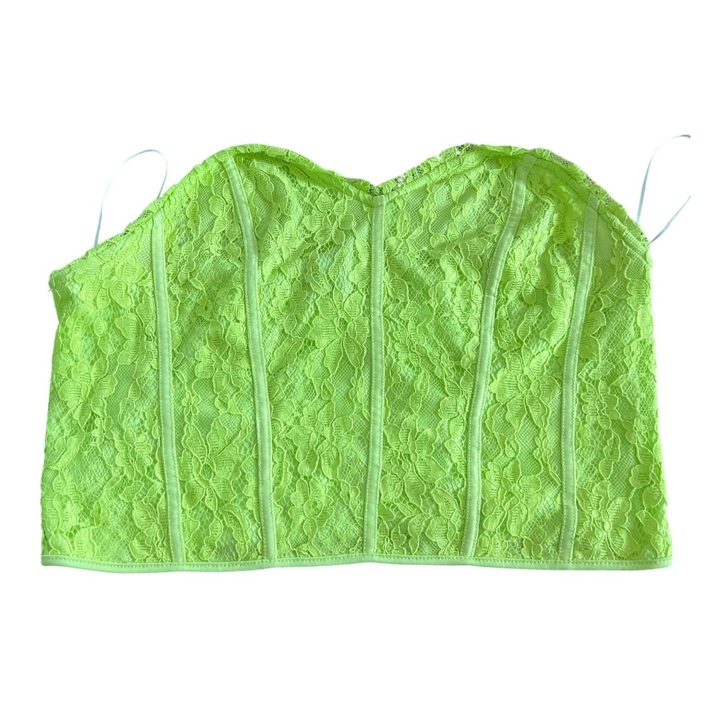 SomethingNew Women Floral Lace Corset Top L Neon Green Boning Whimsigoth Y2K
